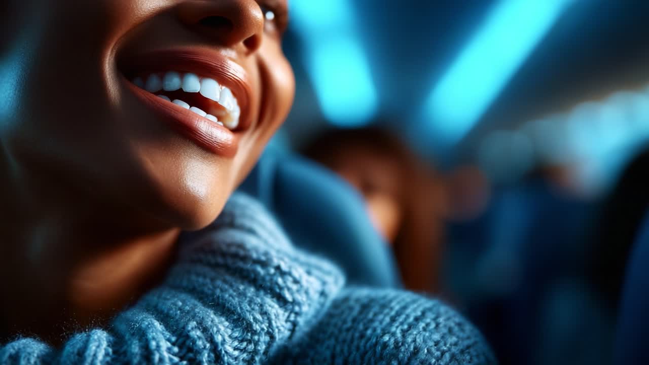 Uma jornada alegre: capturando o sorriso radiante de um viajante em um suéter aconchegante enquanto embarca em uma aventura emocionante em uma atmosfera confortavelmente iluminada