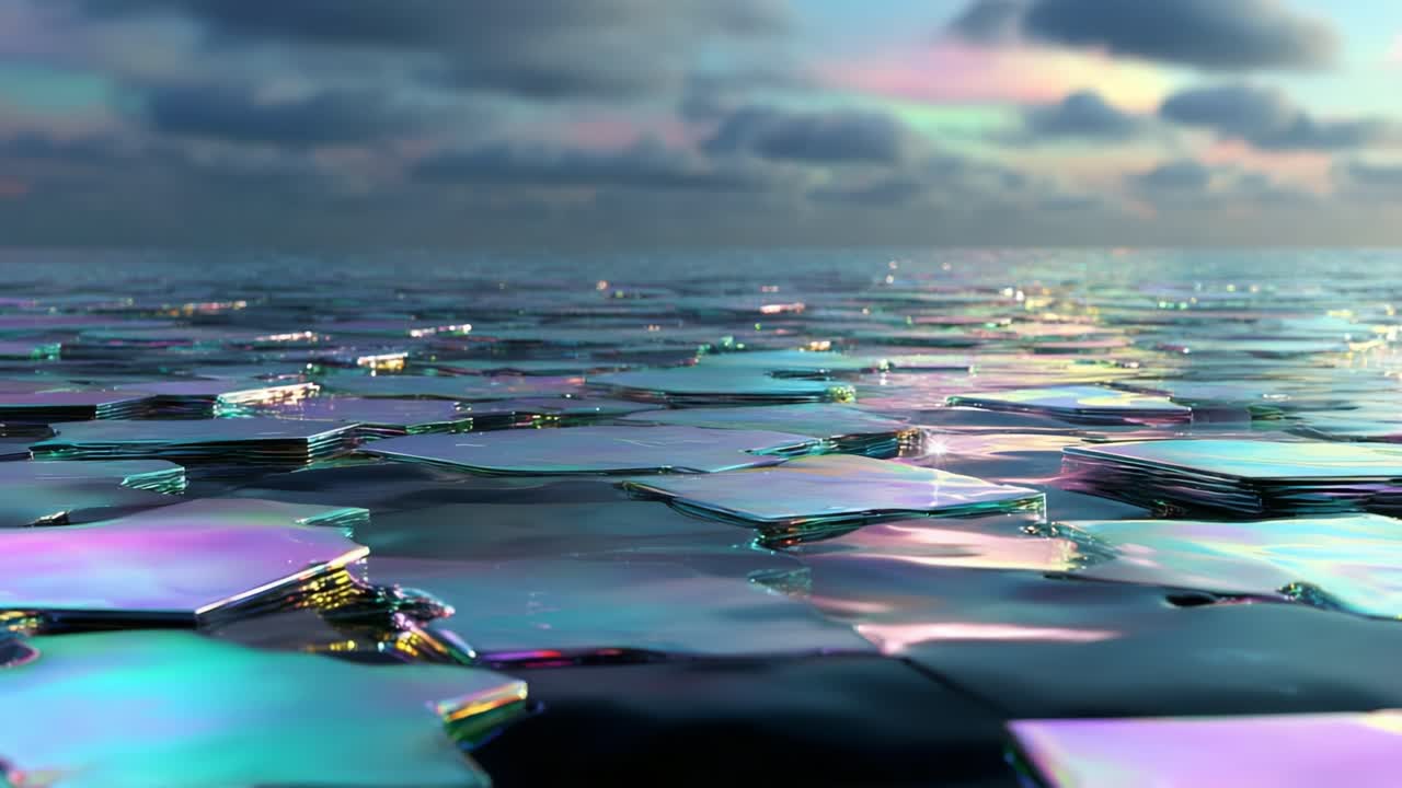 A Stunning, Reflective Surface of Iridescent Star-shaped Plates on a Calm Body of Water Under a Serene Sky, Capturing the Play of Light and Color in a Peaceful Natural Setting