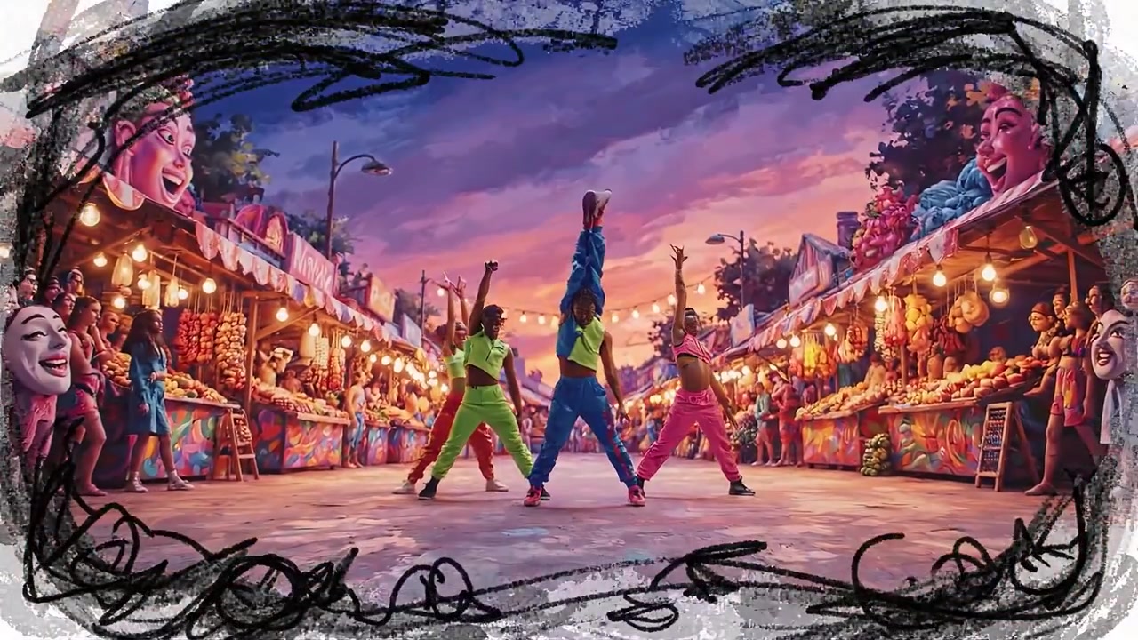 Una colorata danza serale sotto le vivaci luci del mercato con amici, tra bancarelle piene di prodotti freschi e decorazioni vivaci in una piazza del mercato.