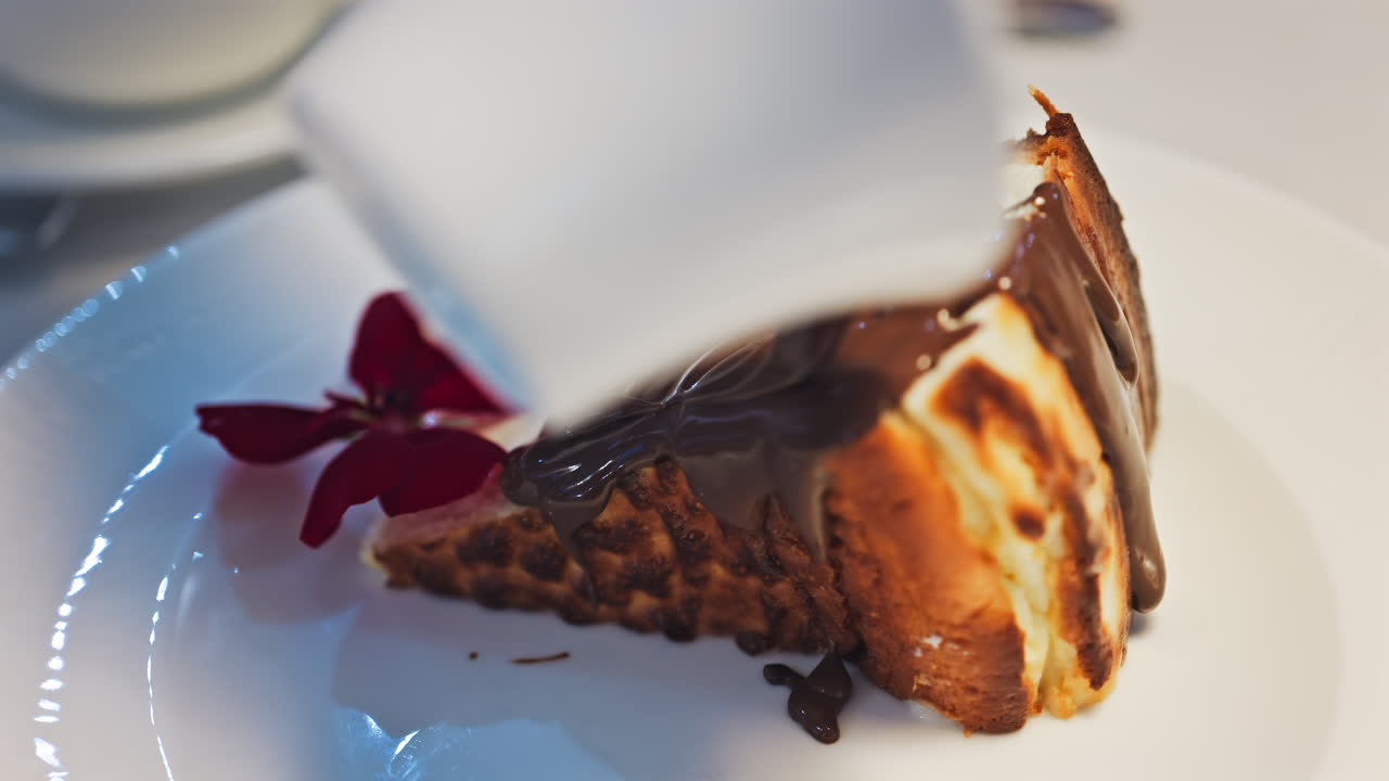 Close up of chocolate pouring on a slice of cheesecake on a white plate