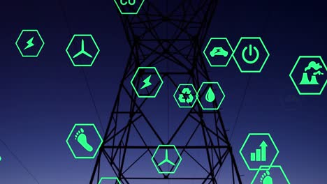 animación de iconos digitales sobre líneas eléctricas