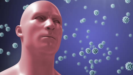 animation of of macro covid 19 cells and human head over purple background