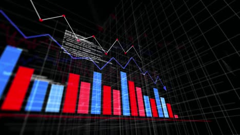 Animation-Herunterfallender-Pfeile,-Sich-ändernder-Finanzdaten-Und-Diagramme-Auf-Schwarzem-Hintergrund