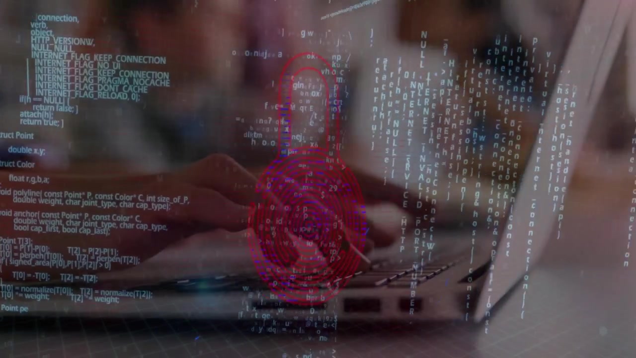Animation of data processing and padlock over hands using laptop