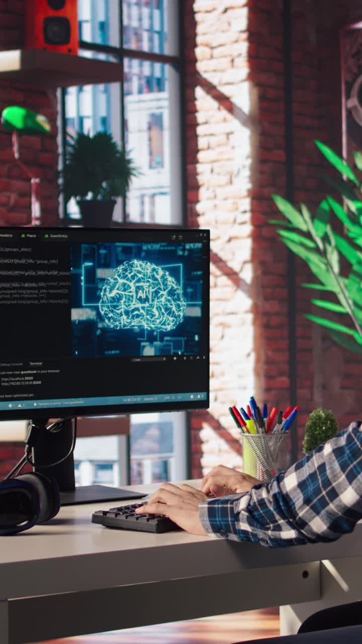 Vertical video Admin using computer in home office for artificial intelligence computing