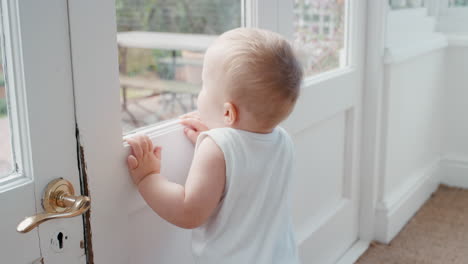 Baby,-Das-Aus-Dem-Fenster-Schaut,-Neugieriges-Kleinkind,-Das-Laufen-Lernt,-Das-Zuhause-Erkundend,-Kindheitsentwicklung,-4K-Videos