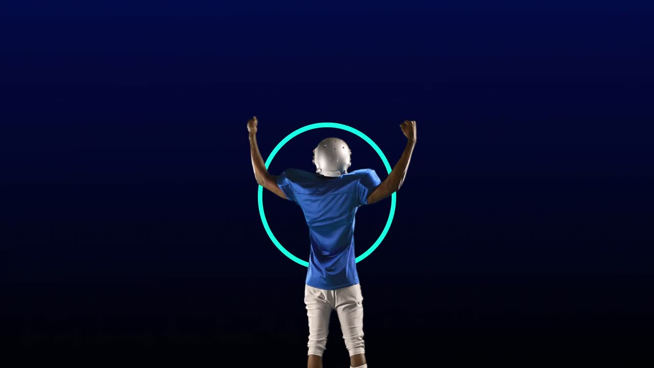 animación de la vista trasera de un jugador de fútbol americano, sobre anillos azules de neón y círculos azules en movimiento