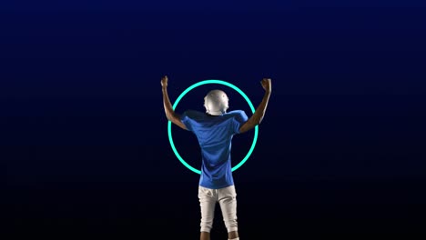 Animation-of-rear-view-of-american-football-player,-over-moving-neon-blue-rings-and-blue-circles