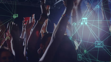 digital composite video of digital social media interface icons against people dancing in concert