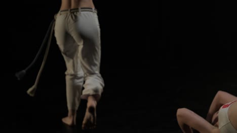 group of a professional dancers are practicing capoeira in darkness against a spotlight on a black background of studio. afro-brazilian martial art that combine elements of dance.
