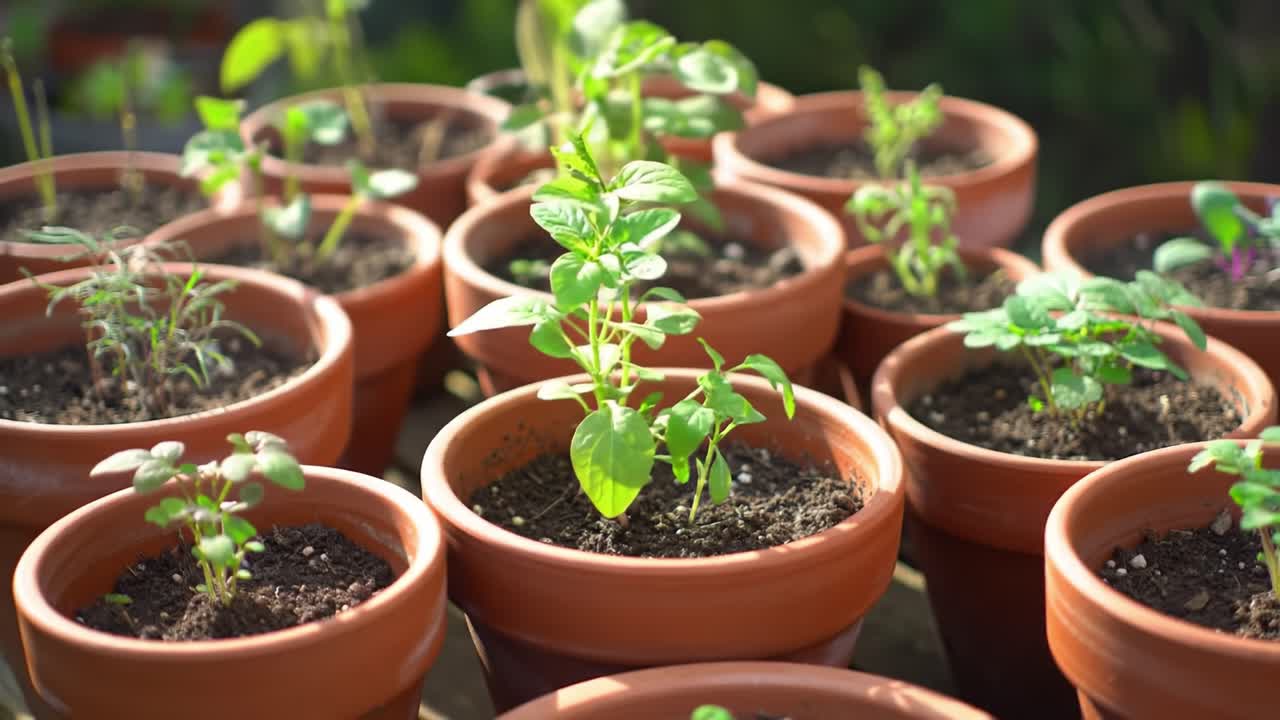 A Vibrant Display of Growing Herbs in Terracotta Pots: An Inspiring View of Nature's Beauty with Lush Greenery and Healthy Plants Nurtured in a Garden Setting