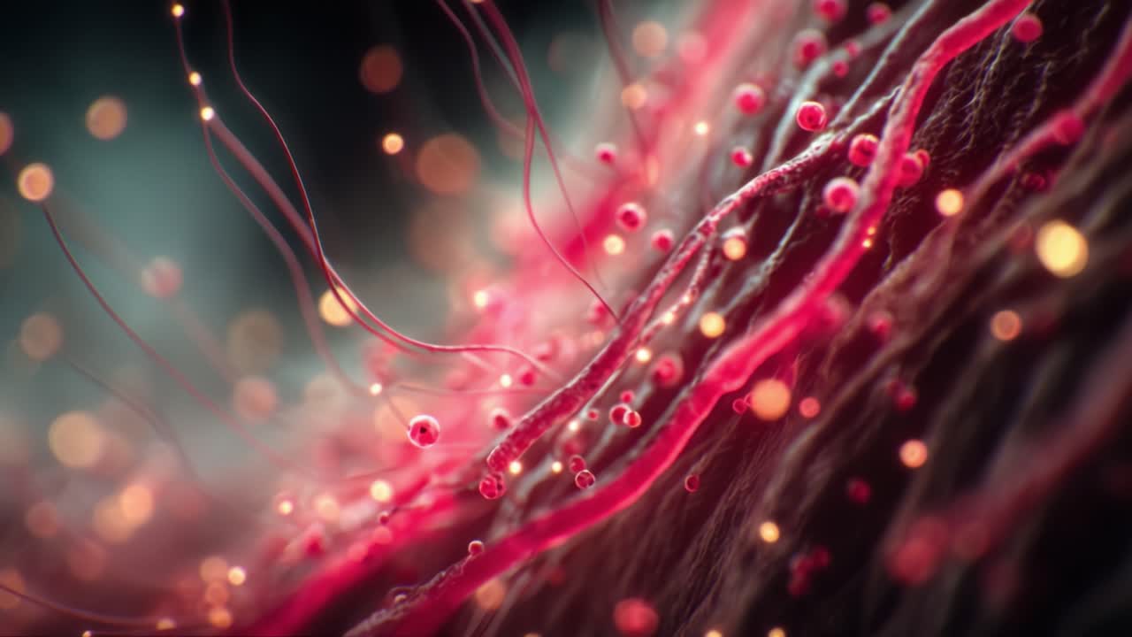 A Stunning Macro View of Vibrant Red Fibers and Luminous Orbs Capturing the Intricate Dance of Microstructures in a Vividly Illuminated Scene