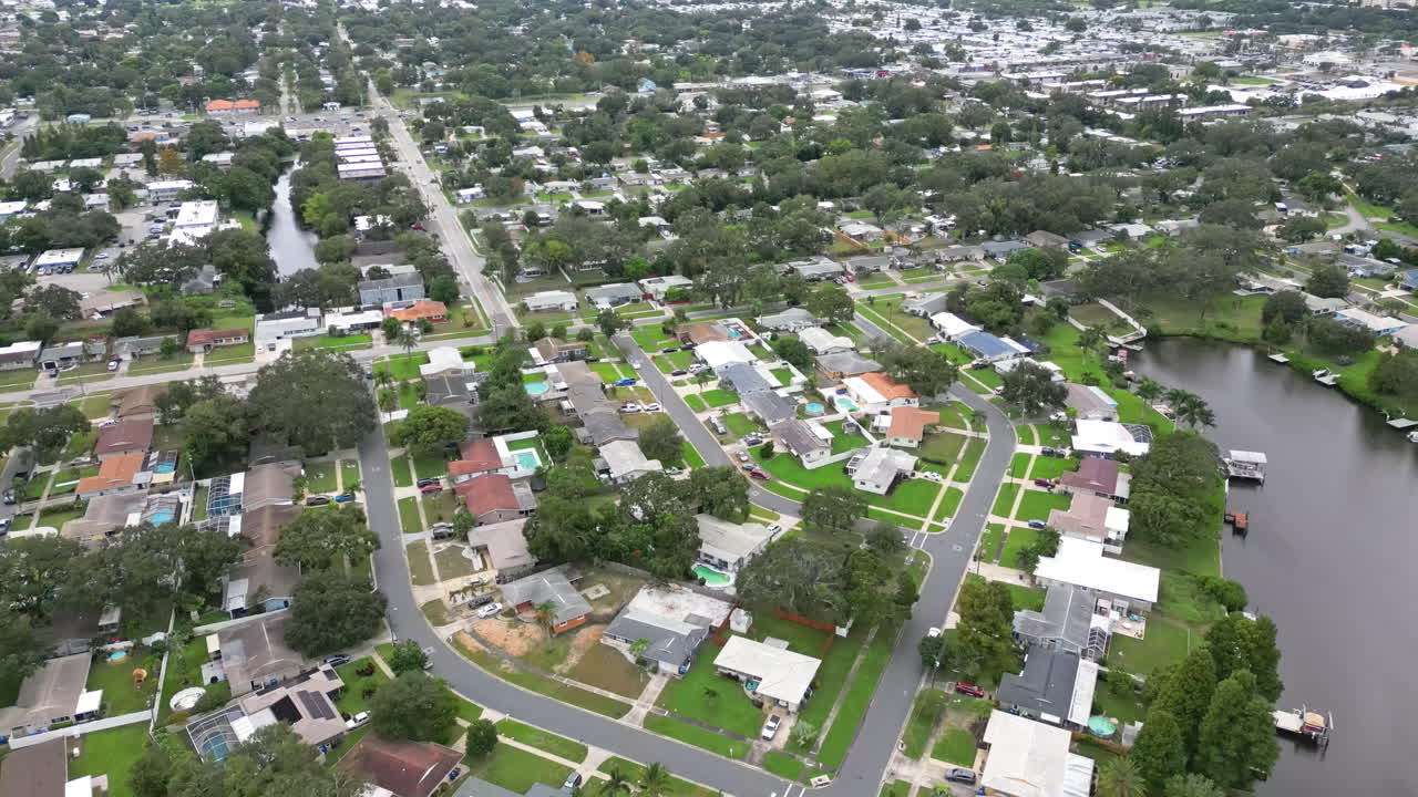 Wide aerial overview of Largo Florida suburban community near canals, orderly layout