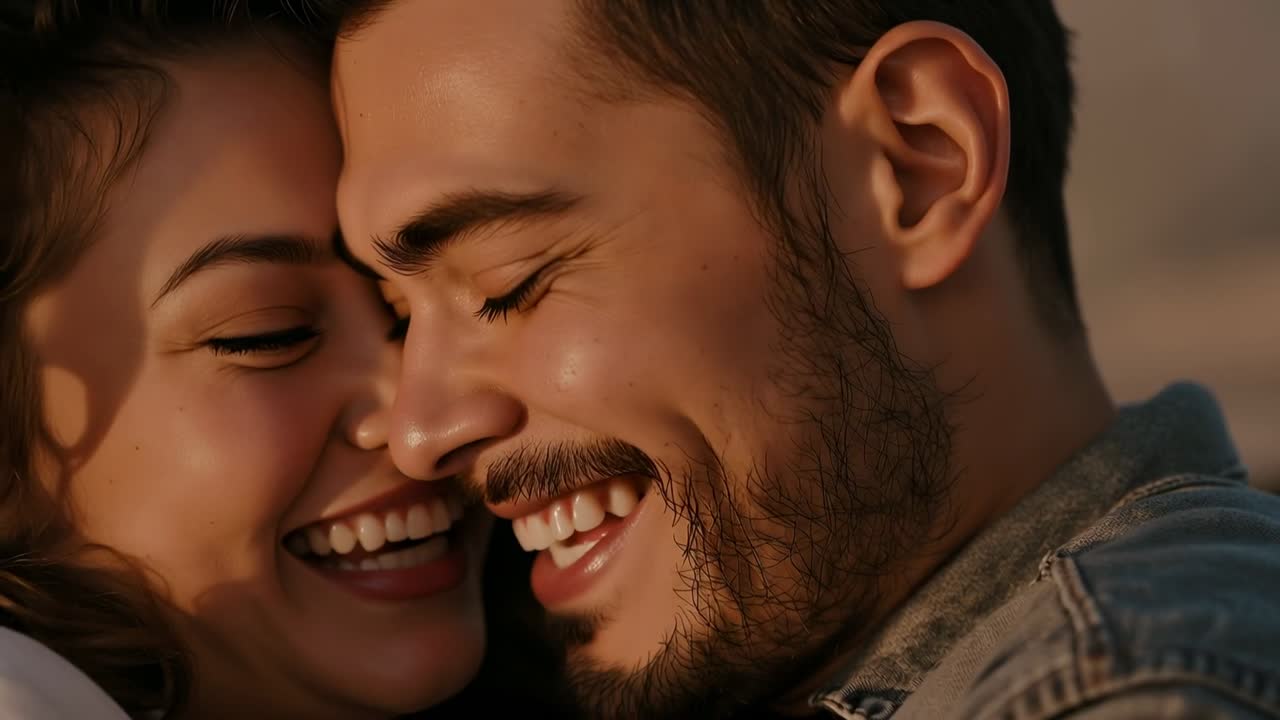 Laughing romantic couple closing faces, nuzzling into tender gaze outdoors at golden-hour, denim