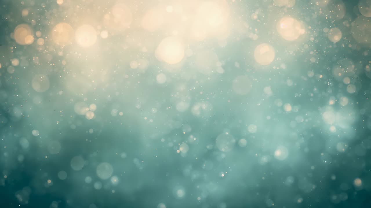 Drifting bokeh orbs and sparkling particles moving across abstract teal-green backdrop, warm glow