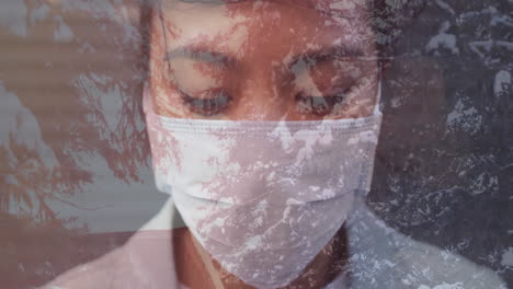 animación de una mujer con una máscara facial contra un paisaje de invierno
