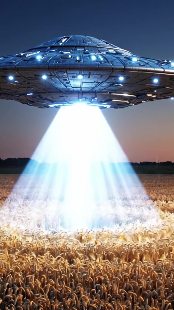 A Nighttime Encounter with an Alien Spaceship Hovering Over a Golden Wheat Field Illuminated by Bright Beams of Light in an Otherworldly Scene