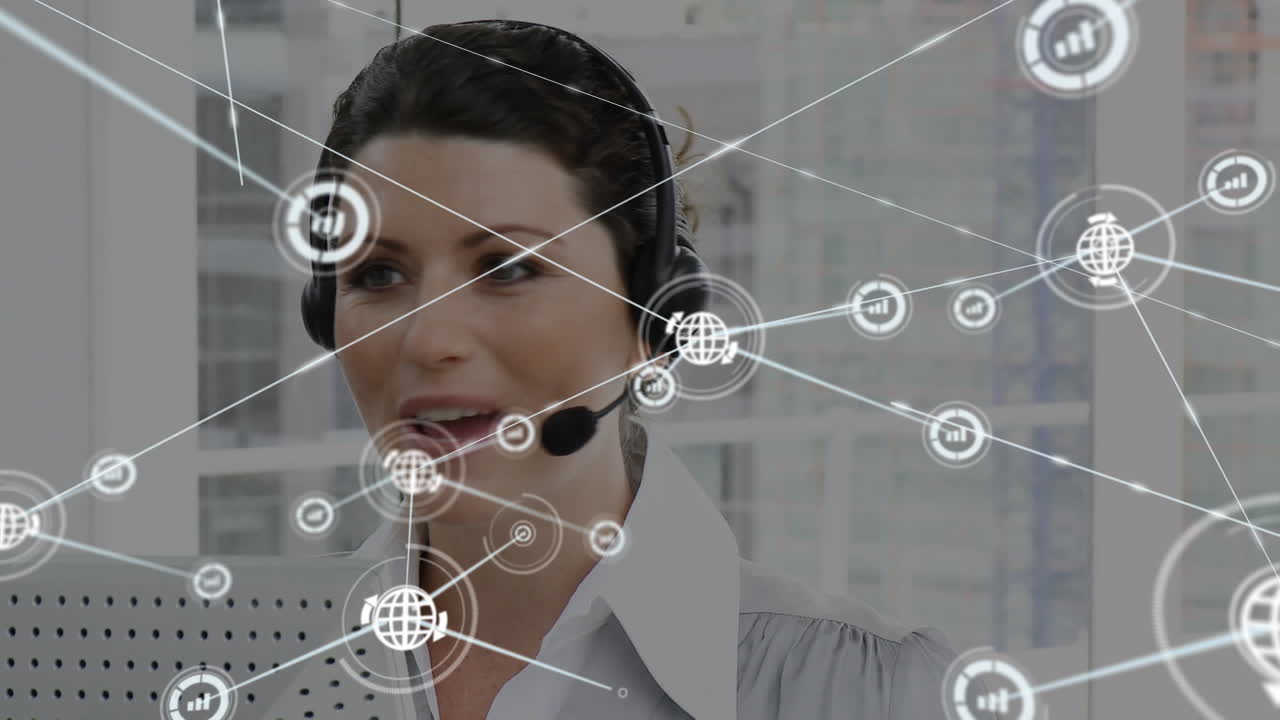 animación de una red de conexiones e iconos sobre una mujer de negocios con auriculares