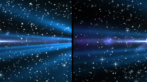 animation of split screen showing blue spotlight and light beams, with glowing particles, on black