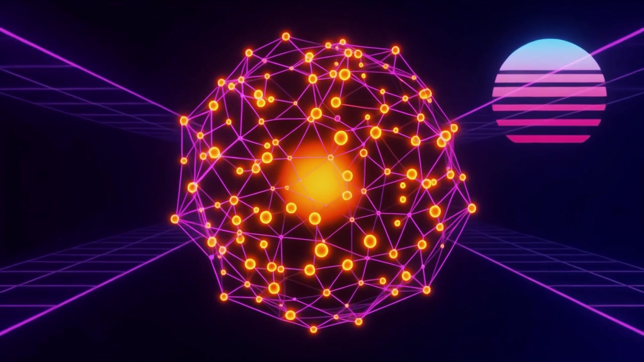 Sfera geometrica luminosa in un ambiente in stile retro synthwave