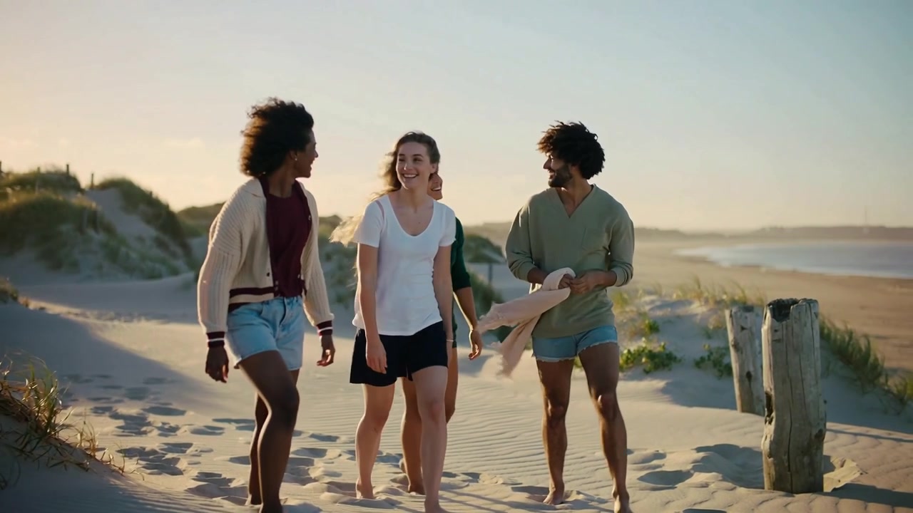 Walking four friends in beachwear starting from dune path, heading to shore, holding light towel