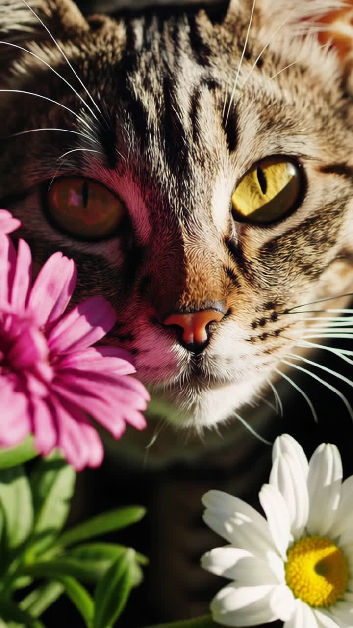 Primer plano de un gato atigrado entre flores