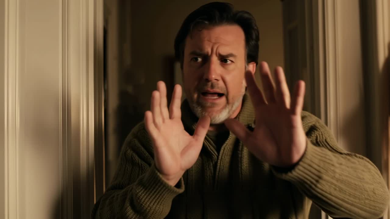 Raising palms, man in sweater trying to stop camera approach, retreating into narrow home doorway