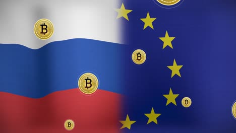 animation of bitcoin symbol over flag of russia and eu