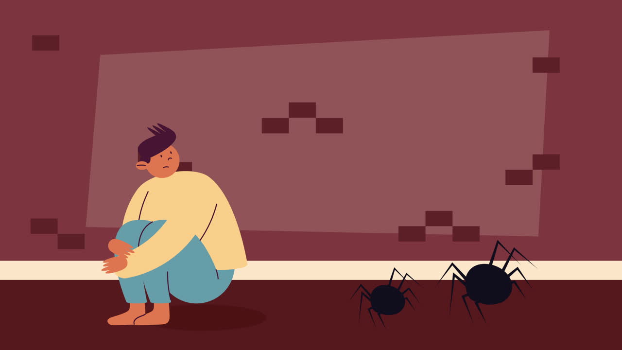 un niño sintiéndose triste y asustado, rodeado de arañas