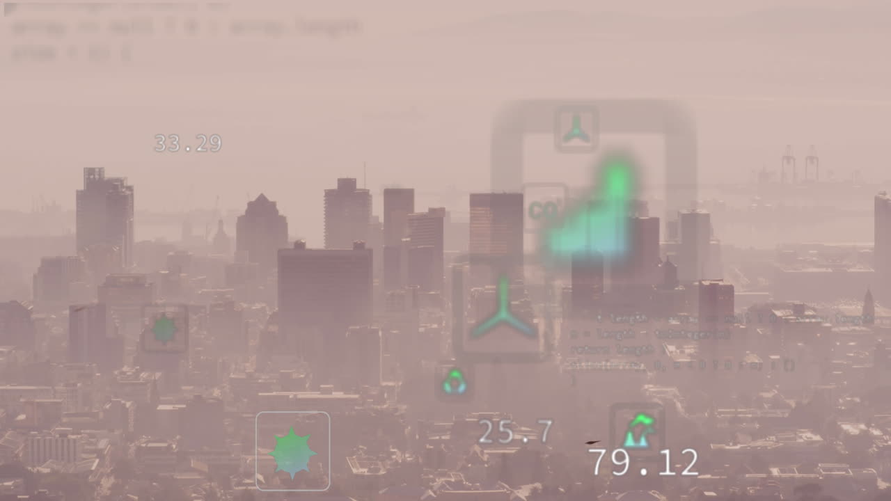 도시 풍경에서 생태 아이콘과 금융 데이터 처리의 애니메이션