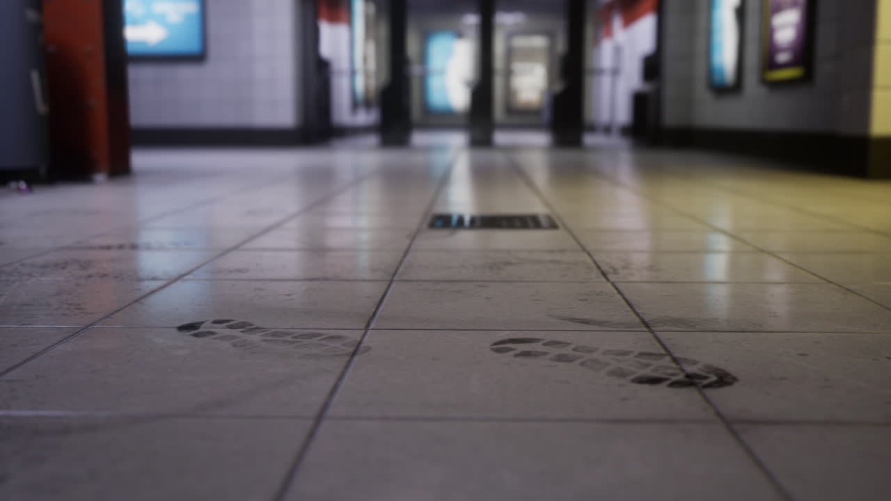 Footprints on the tiled floor in a public transit station at night