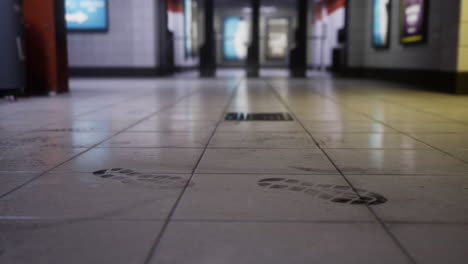 footprints on the tiled floor in a public transit station at night