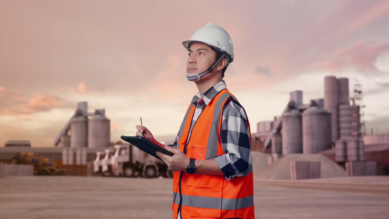 Side View Of Asian Male Engineer With Safety Helmet Taking Note On The Tablet And Looking Around While Standing at Industrial Cement Plant with Mixer Trucks at Sunset