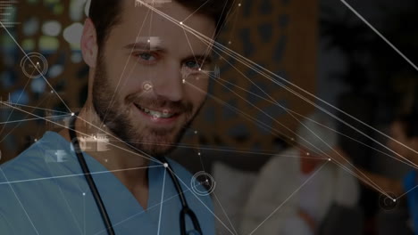 animación de la red de conexiones sobre el médico caucásico masculino