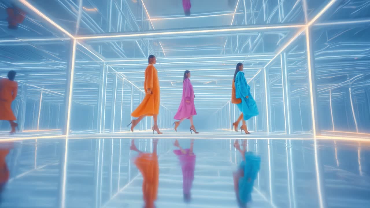A Captivating Visual Journey Through a Futuristic Neon Labyrinth Featuring Models in Vibrant Attire, Showcasing Reflections and Striking Aesthetics in a High-Tech Environment