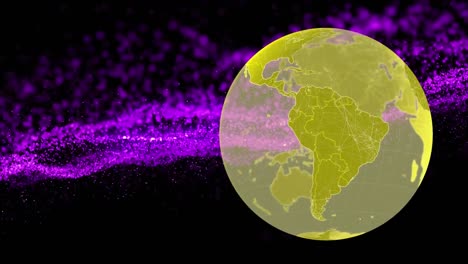 Animation-of-spinning-globe-over-glowing-purple-digital-wave-against-black-background