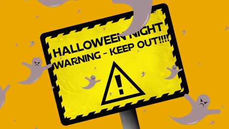 animation of halloween night text over warning sign and ghosts on orange background