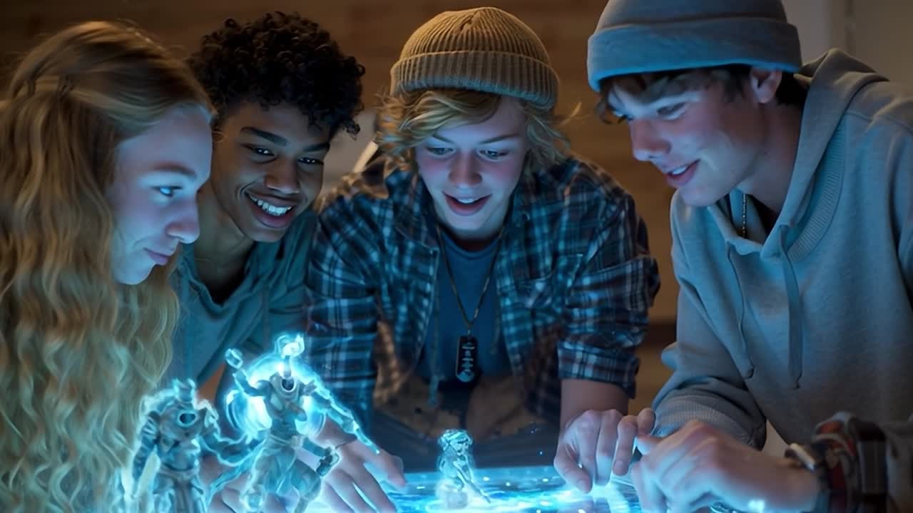 Tonåringar interagerar med ett interaktivt holografiskt spel i en mysig miljö.
