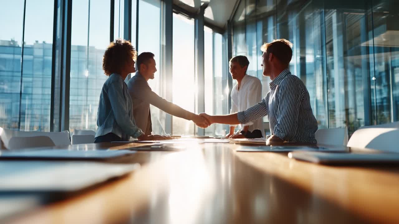 Engaging Business Collaboration: A Diverse Group of Professionals in a Sunlit Conference Room Intently Discussing Partnership and Networking Opportunities While Shaking Hands in a Progressive Corporate Environment