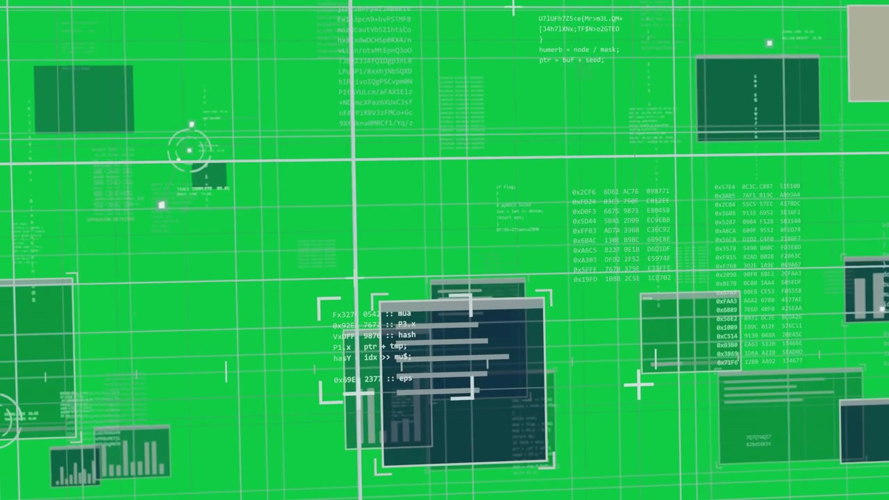 Playback HUD panels sliding text updating reticle drifting over transparent grid showing clusters