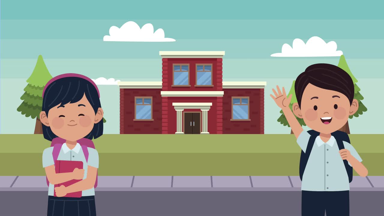 students girls and school building animation