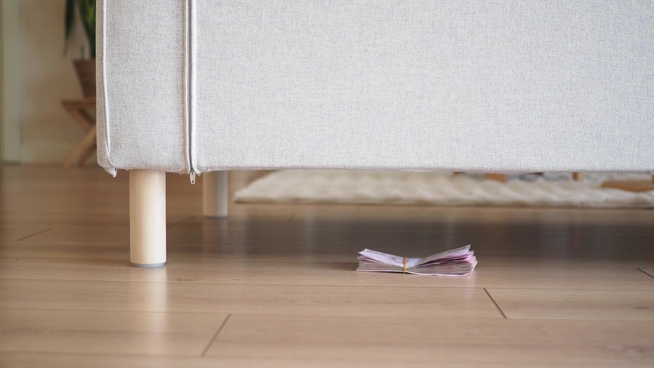 リビングルームのソファの下に隠された札束