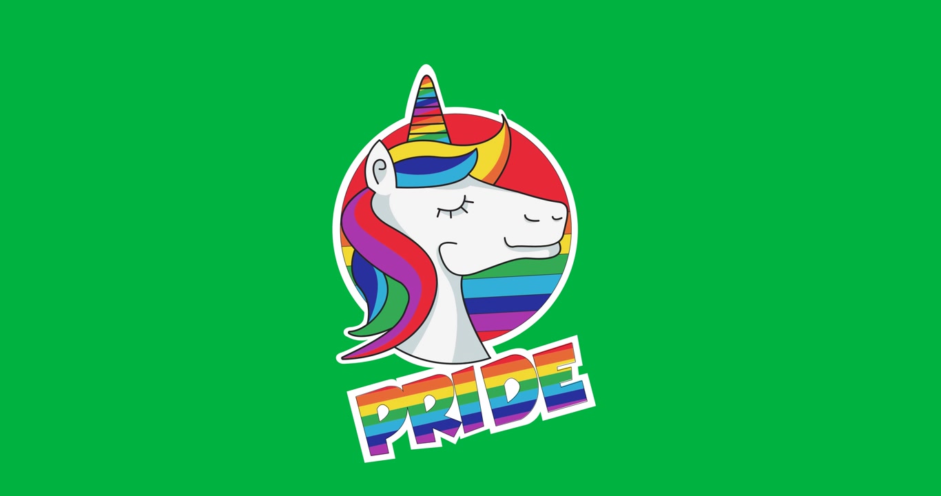 Animazione digitale di un'icona di unicorno con testo 'Pride' su sfondo nero.