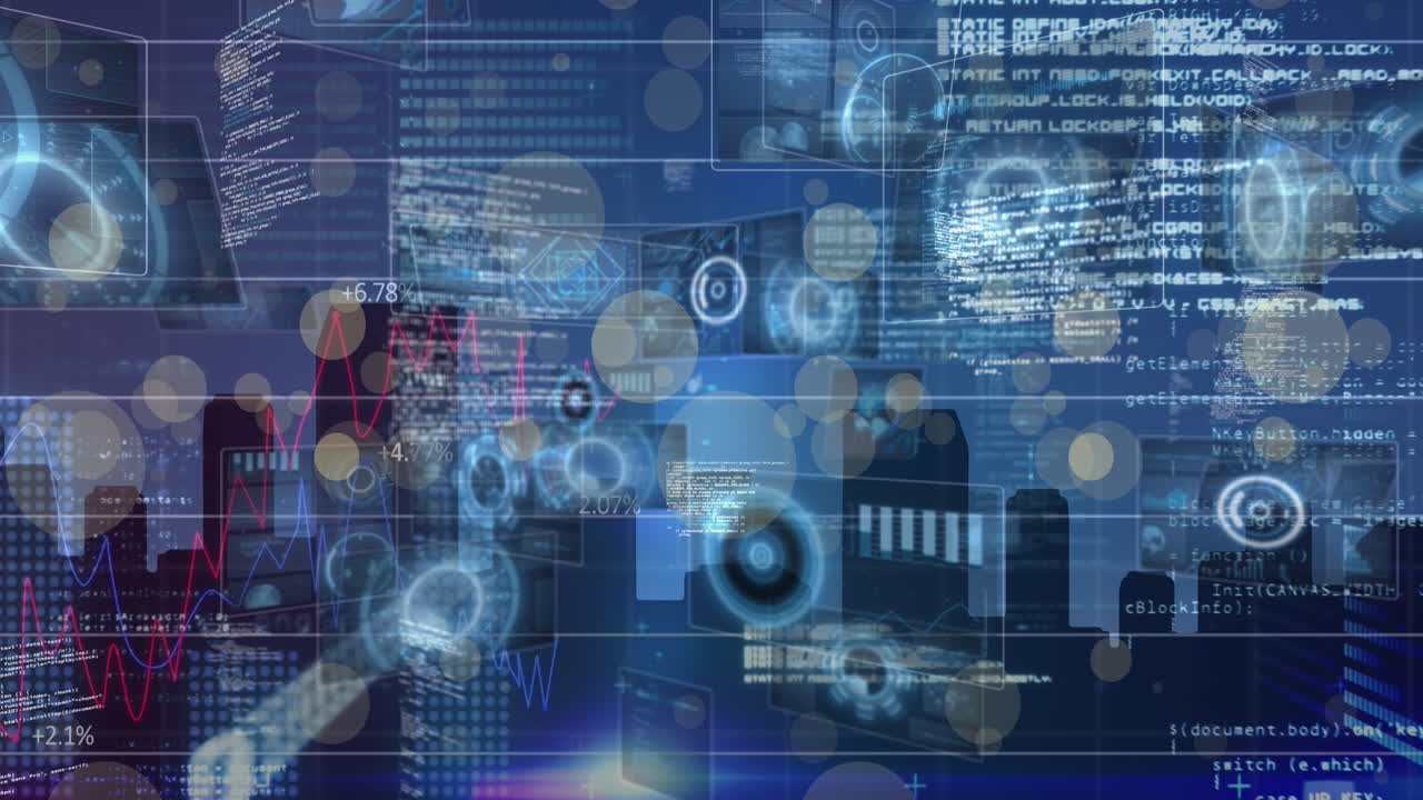 animación de gráficos y procesamiento de datos diversos en la pantalla digital de la marina con cityscape