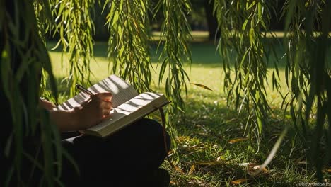 a serene moment of reflection: an individual engaged in writing beneath the tranquil canopy of a willowy tree in a peaceful park setting