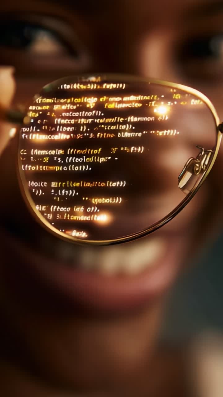 Udforskning af kodereflection: Et nærbillede af programmering og teknologi gennem briller med digitale data i fokus, der forener innovation og menneskelige udtryk