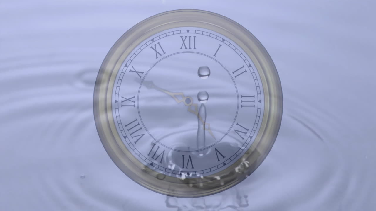 Animation of clock moving over drop falling into water
