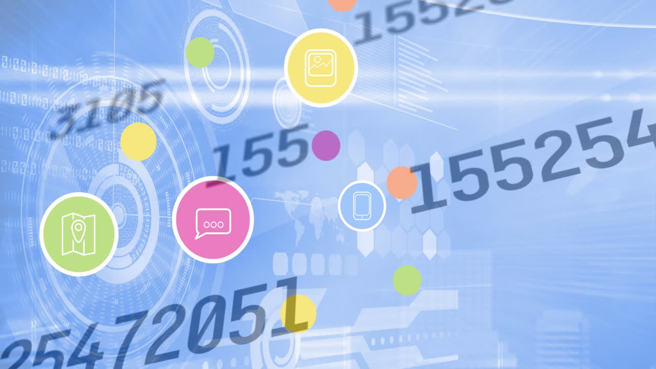 Animation of numbers changing, digital icons over scopes scanning on blue background