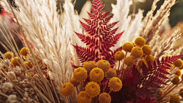 Composizione rustica di fiori secchi con erba della pampa e Craspedia