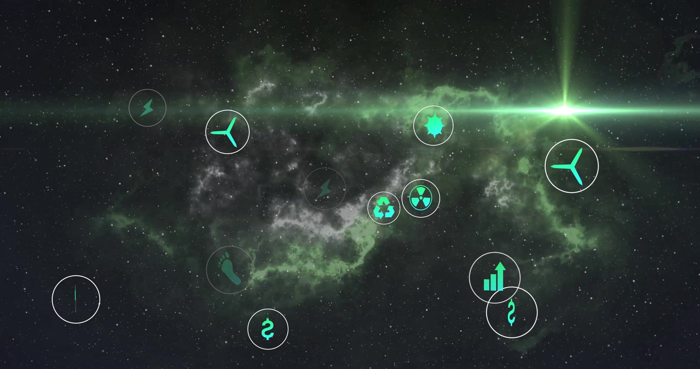 Single green plug icon appearing and starting icons spiraling, forming energy cluster above nebula